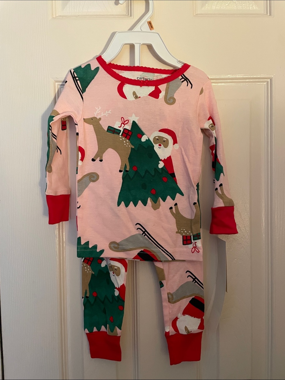 Carter's Pink Holiday Santa & Reindeer Pajama Set with Red Trim 12mon NWT